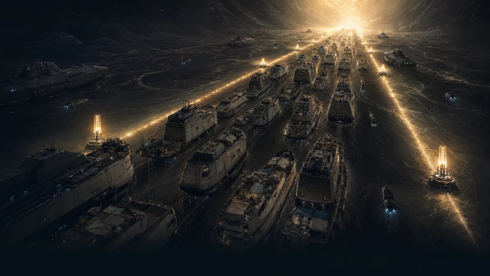 A refugee convoy follows beacon-lit corridors toward a distant Lantern